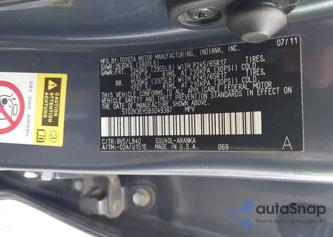 2011 Toyota Highlander Se V6 z USA, uszkodzony, nr VIN 5TDZK3EH5BS049387